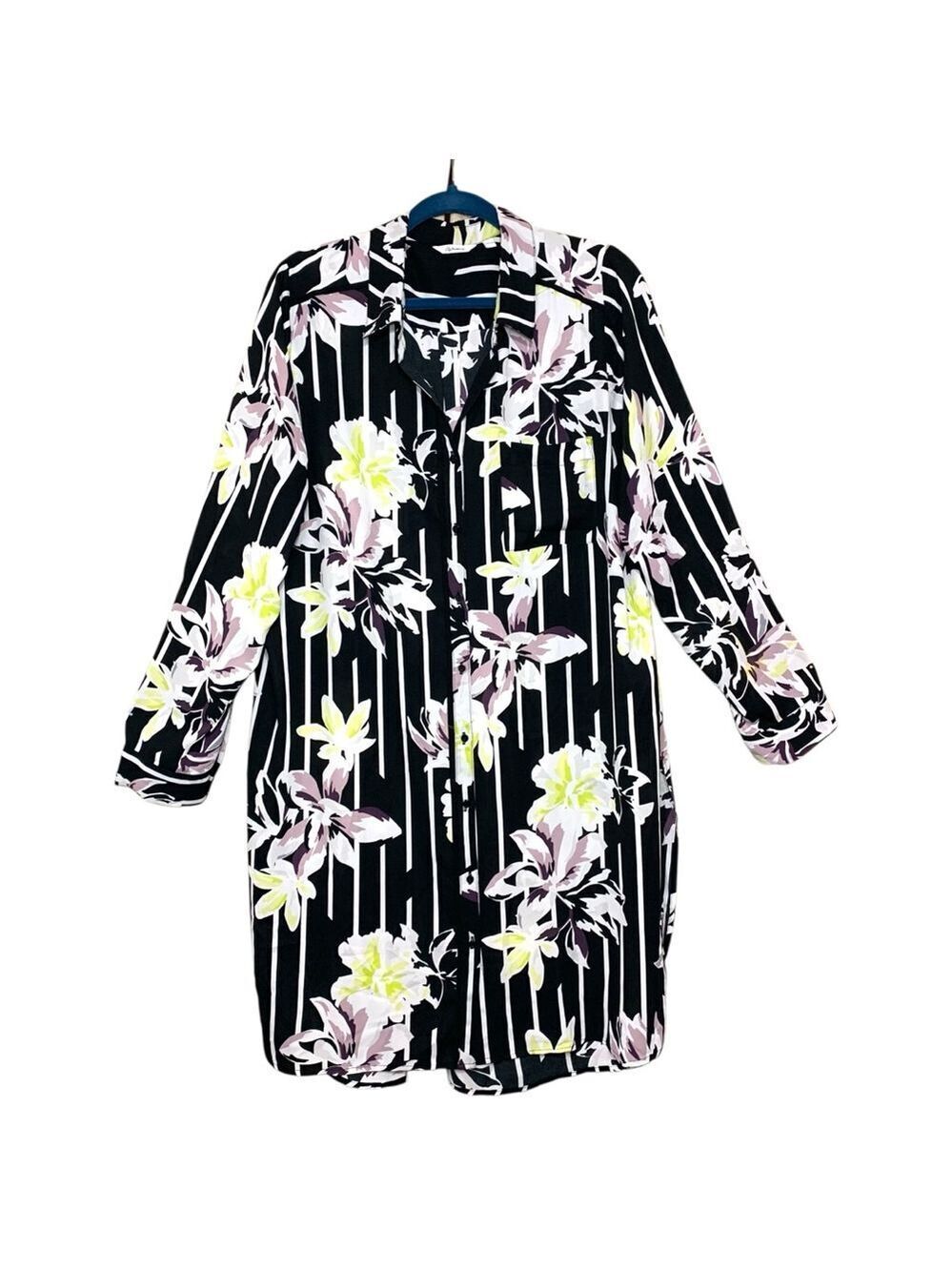 Black Floral Button-Up Tunic Blouse White Stripes XXL Long Tab Sleeve Side Slits